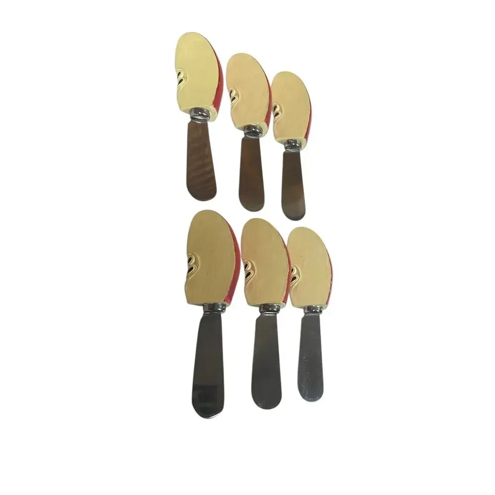 Vtg Red Apple Slice Spreader Knives Set Polyresin Holder Cheese Jam Farmhouse